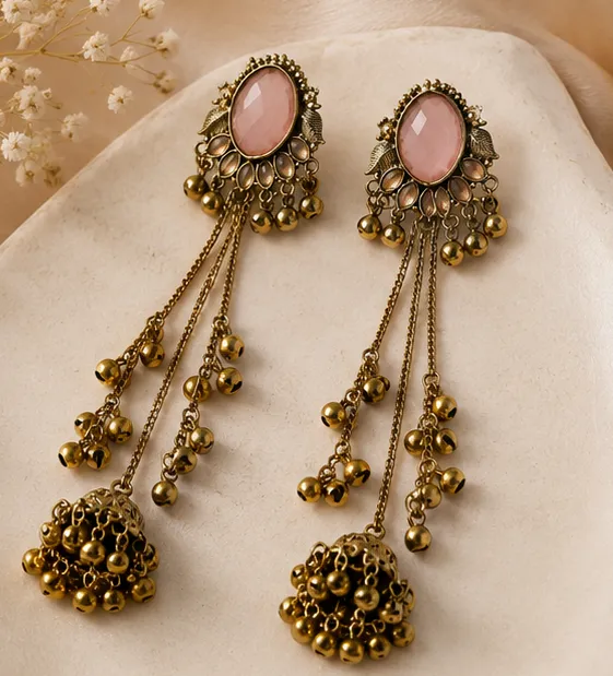 Rose Quartz Long Chain Ghungroo Jhumkas